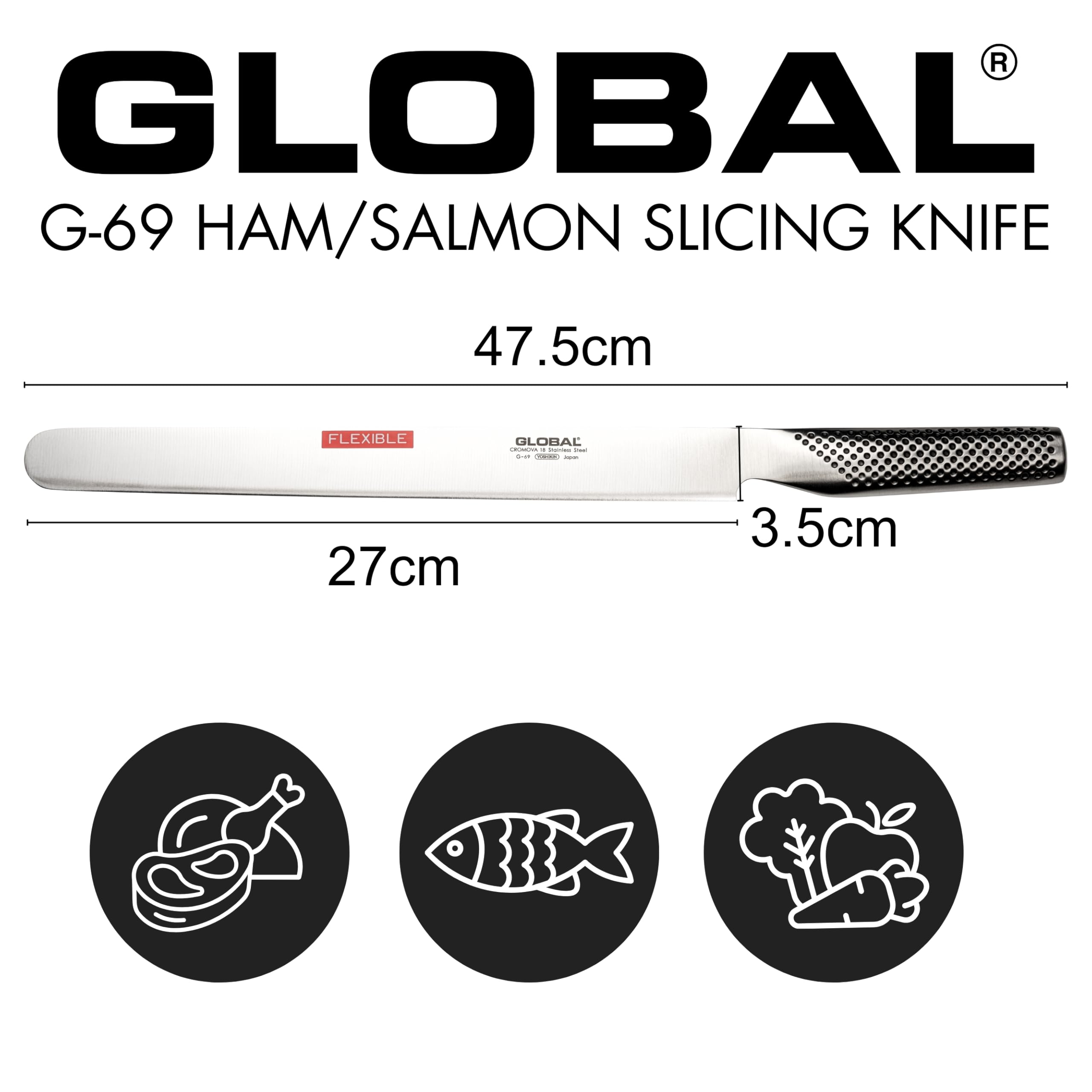 Global 10 1/2 inch Ham/Salmon Flexible Slicer - Lightweight Japanese Stainless Steel, Razor-Sharp Edge, Made in Japan, G-69 - Image 4