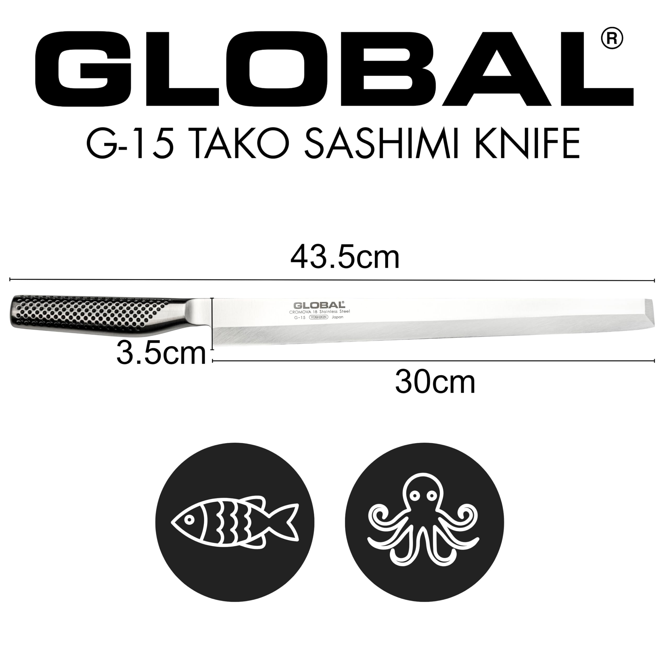 Global 12 Inch Tako Sashimi Knife - Lightweight Japanese Stainless Steel, Razor-Sharp Edge, Right Handed, Made in Japan, G-15R - Image 3