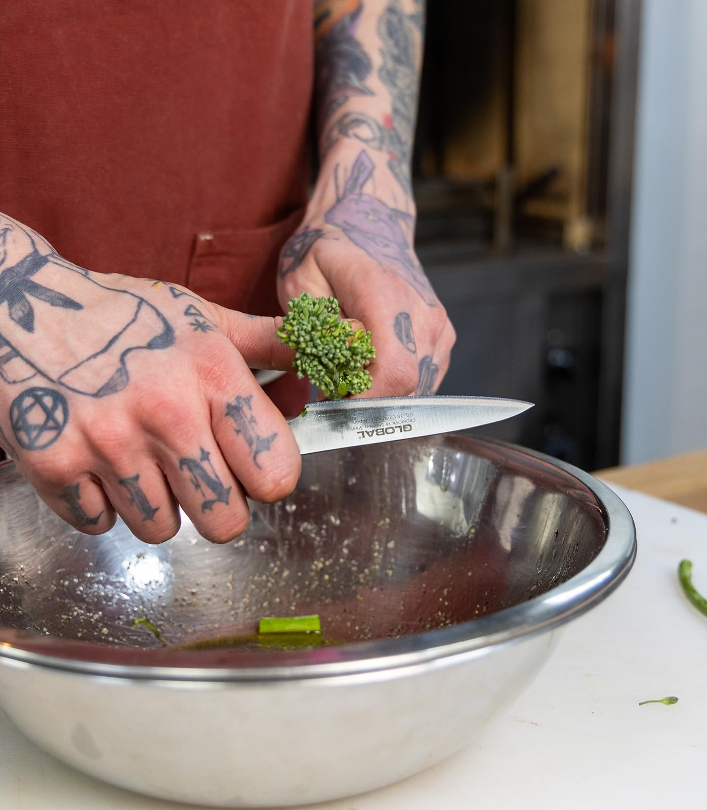 Global 3 Piece Knife Set - 7 inch Hollow Ground Santoku, 5 inch Utility, 3 1/2 Paring, Lightweight Japanese Stainless Steel, Razor Sharp Edge, Made in Japan, G-80338 - Image 5