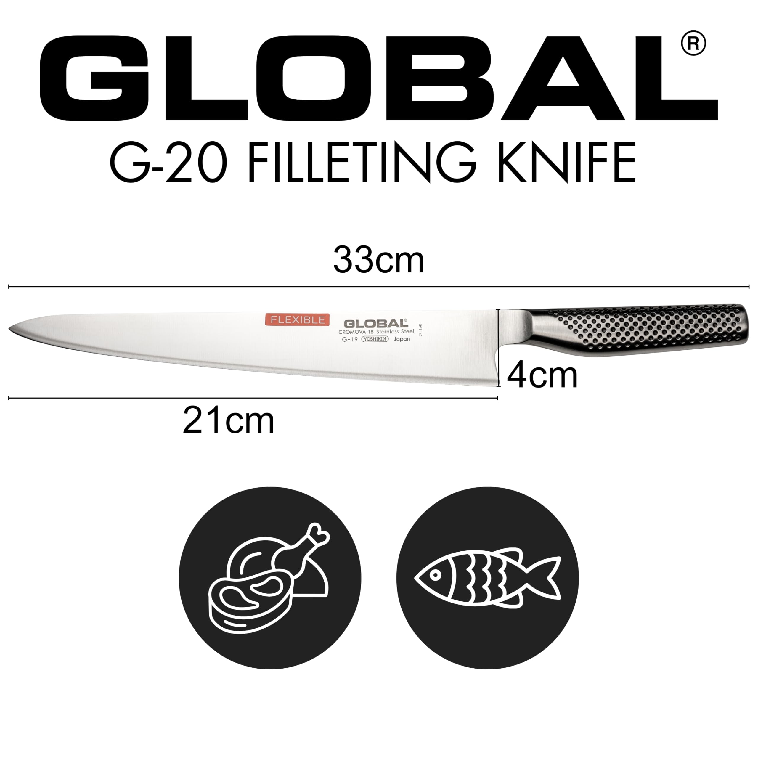 Global 8 inch Flexbile Fillet Knife - Lightweight Japanese Stainless Steel, Razor-Sharp Edge, Made in Japan, G-20 - Image 3