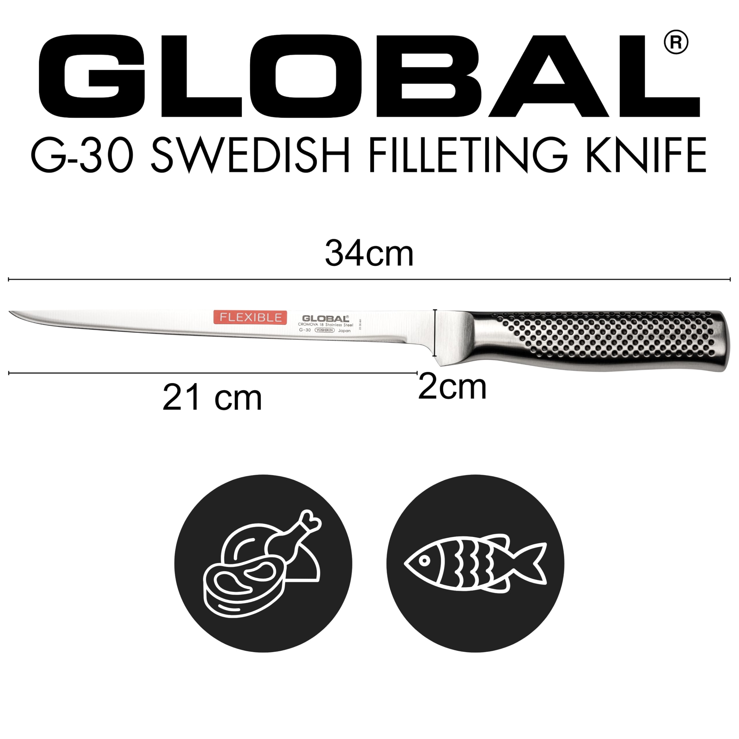 Global 8 inch Flexible Swedish Fillet Knife - Lightweight Japanese Stainless Steel, Razor-Sharp Edge, Made in Japan, G-30 - Image 3
